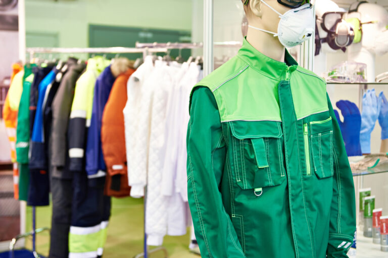 Maniquí con ropa verde de trabajo en tienda de ropa de trabajo