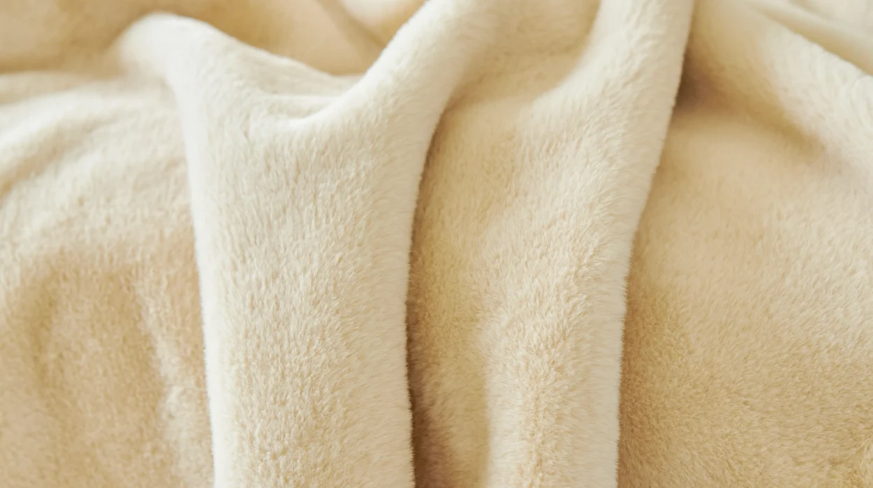 Manta polar gruesa de color beige colocada sobre un sofá, preparada para el invierno.